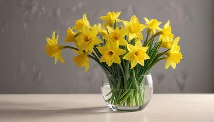 Springtime arrangement of yellow daffodils in a clear glass vessel, container, glass, flowers