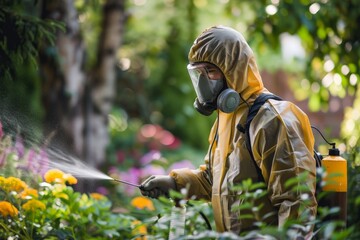 Naklejka premium Protective Gear in Action: A Person Spraying Pesticides on Colorful Flowers in a Lush Garden Setting, Ensuring Plant Health and Safety Against Pests