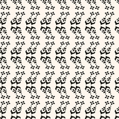 Simple minimalist floral pattern. Minimal seamless texture with small flower shapes. Abstract black and white geometric background. For print, package