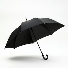 A classic black umbrella with a curved handle and a smooth, wide canopy on a white background