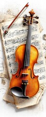 Naklejka premium Violin on Antique Sheet Music