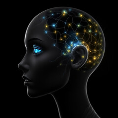 Classic Black and White Humanoid Head with Neon Neural Network Aura