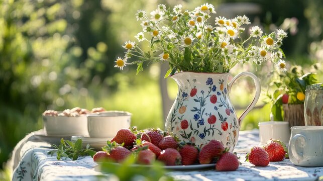 Charming swedish midsummer setup featuring a ceramic jug, meadow flowers, and fresh strawberries