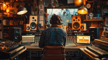 Obraz premium Person sits at a mixing console in a home music studio.