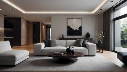 Fototapeta premium Modern living room featuring a sleek white sofa, circular coffee table, and large windows with natural light.