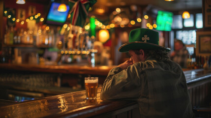 St. Patrick's Day celebration, a lonely man in a green leprechaun hat at the bar, a festive party in an Irish pub, a pint of foamy beer, a glass of ale, an empty bar