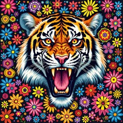 Fototapeta premium Vibrant Tiger Portrait with Colorful Floral Background, Print for T-Shirt