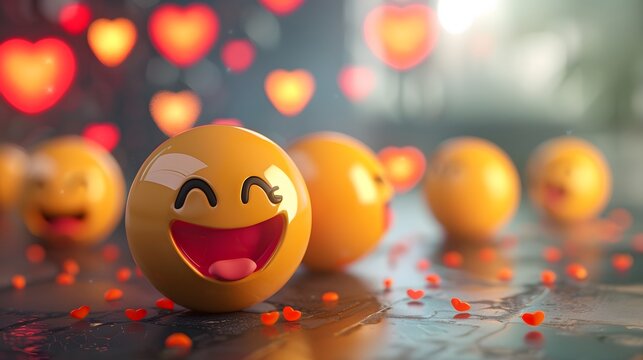 A yellow emoji with a wide smile sits on a table surrounded by red hearts.
