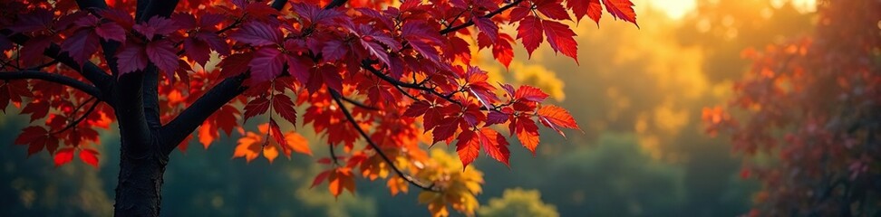 Nature scene of a tree covered in dark purple and yellow leaves, seasonal change, , nature