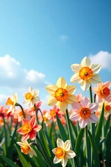 Fototapeta premium Narcissi in full bloom create a stunning mosaic against the clear blue sky, flowers, Narcissus