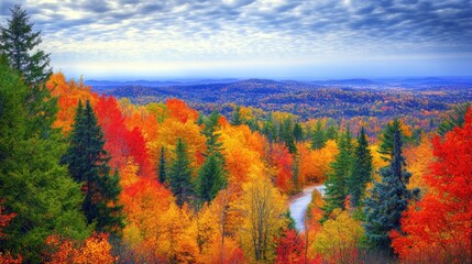 A vibrant autumn landscape showcasing colorful trees and a winding river under a cloudy sky.