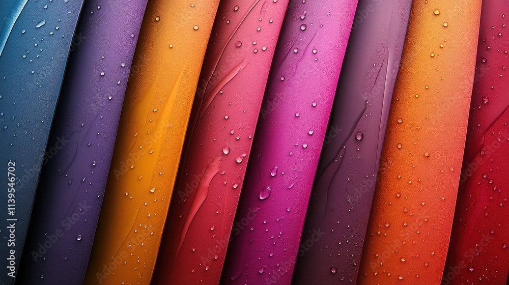 Poster A vibrant display of colorful rolled materials with droplets, showcasing texture and design.