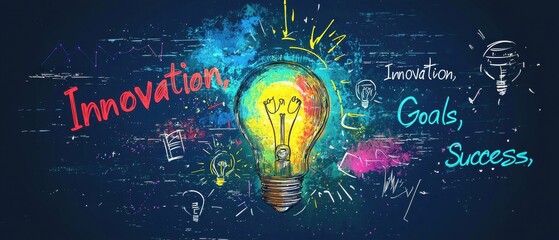 Bright idea concept, A vibrant illustration featuring a lightbulb surrounded by words like "Innovation," "Goals," and "Success," symbolizing creativity and progress.