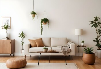 A modern living room with a beige sofa, wooden coffee table, and a hanging plant decoration on the wall.