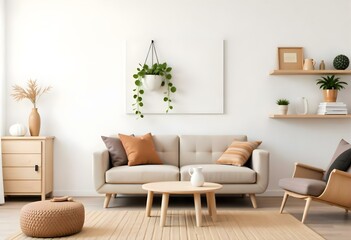 A modern living room with a beige sofa, wooden coffee table, and a hanging plant decoration on the wall.