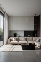 Modern living room featuring a light beige sectional sofa, black coffee table, and large windows with natural light.