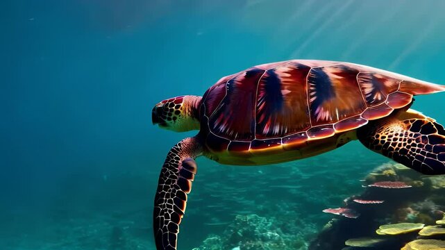 A sea turtle gliding gracefully through the water, with its shell reflecting light as it moves slowly past vibrant coral reefs. The camera follows the turtle in a smooth tracking motion, emphasizing t