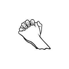 brings the right and left hands together by crossing the fingers of the side view vector line art