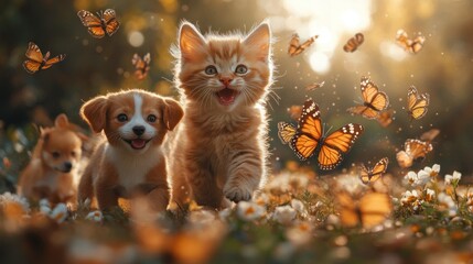 A playful scene with a kitten and puppies surrounded by butterflies in a vibrant natural setting.