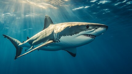 Naklejka premium Great White Shark Underwater, Sunlight Rays, Ocean Predator