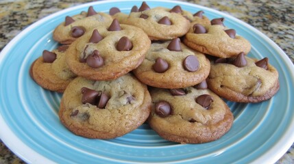 A plate of chocolate chip cookies, golden brown, soft, and slightly crisp, arranged in a stack on a light teal plate.
