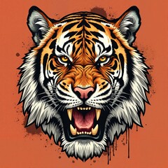 Bold Tiger Portrait with Intense Orange Glow and Dynamic Background, Print for T-Shirt