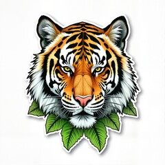 Fototapeta premium Majestic Tiger Portrait with Floral Crown and Green Leaf Background, Print for T-Shirt