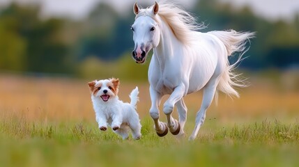 A playful white horse and a small dog running joyfully in a grassy field.