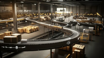 Modern Warehouse with Conveyors and Packed Boxes