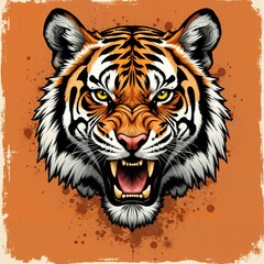 Fototapeta premium Fierce Roaring Tiger Portrait with Dramatic Orange Background, Print for T-Shirt