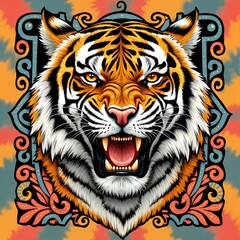 Roaring Tiger Portrait with Ornate Floral Frame and Bold Details, Print for T-Shirt