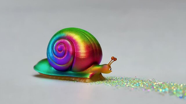 A tiny cartoon snail with a rainbow shell crawls slowly across a plain white background, leaving a glittery trail behind. It occasionally pauses and looks around.
