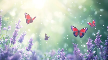 Three butterflies flying over lavender flowers in sunlight.