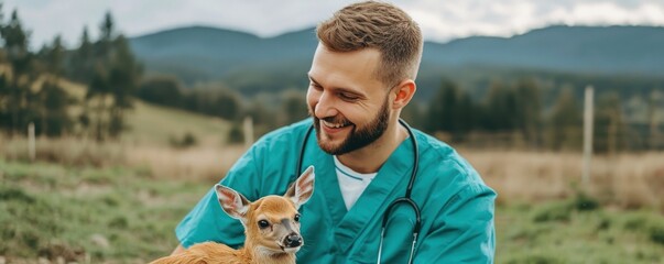 wildlife rescue rehabilitation concept. A veterinarian smiles while caring for a fawn in a natural setting, showcasing compassion and love for animals in a beautiful outdoor environment.