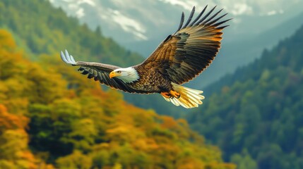 Majestic bald eagle soaring above autumnal mountain range.