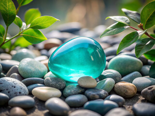 single cool aqua stone rests amidst bed of smooth pebbles and lush green leaves, creating serene and tranquil atmosphere in nature