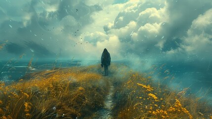 Solitary figure walks path amidst stormy coastal landscape, yellow wildflowers.