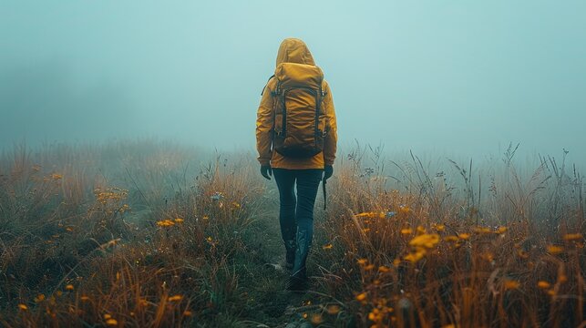 Solo hiker with backpack walking on foggy mountain trail.