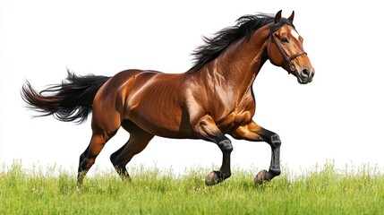 Obraz premium Majestic brown horse galloping across a field of green grass, isolated on white background.