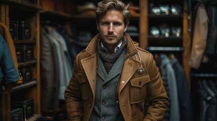 Obraz premium Stylish man in brown jacket poses in a clothing store.