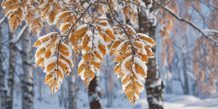 Snow-covered Himalayan birch tree with greyish-brown bark and triangular leaves , greyish-brown bark, mountainous terrain