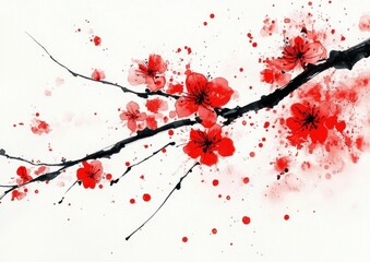 Obraz premium The artwork showcases vibrant red flowers contrasting against dark black branches.