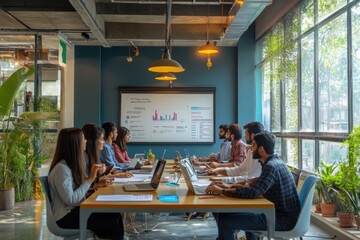 Collaborative team meeting modern office business presentation urban workspace wide angle engagement and innovation