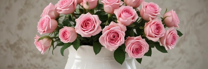 Obraz premium rustic yet romantic pink rose bouquet in a vintage white ceramic vase, pink rose, sincere