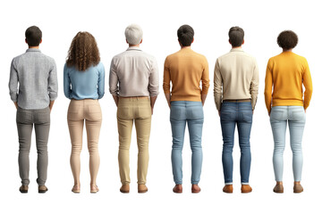 A diverse group of people standing side by side, viewed from the back, showcasing different styles and colors in clothing. isolated PNG transparent background.