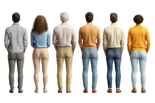 A diverse group of people standing side by side, viewed from the back, showcasing different styles and colors in clothing. isolated PNG transparent background. - Powered by Adobe