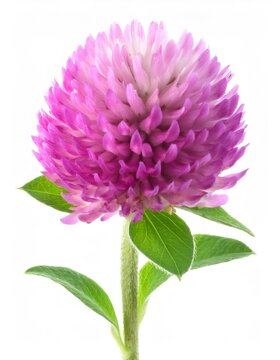 Purple gomphrena globosa flower blooming, showing petals and green leaves on a white background
