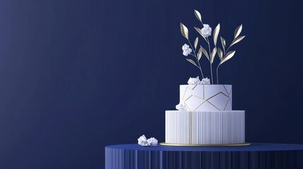 Elegant two-tiered white cake with gold accents and floral decorations on a navy blue pedestal.