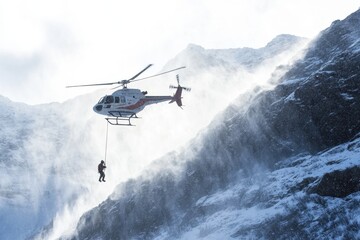 Helicopter rescue operation of stranded hiker on snowy mountain aerial viewpoint dramatic winter environment adventure content