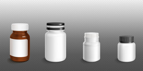 Pharmaceutical supplement bottles and containers. White and amber plastic or glass jar with different caps and lids for storing vitamins, medicines or dietary additives. Realistic 3d vector set.